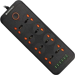 ZEBRONICS Newly Launched PS8360U Power Strip with 8 Universal Sockets, 2500W Max., 6 USB Ports, USB Output 2.4A Max,3 Meter Copper Cable, Overload Protection, Surge Protection, Durable ABS Body