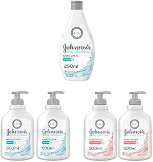 Johnson's Body Wash, Anti-Bacterial, Sea Salts, 250ml + Hand Wash, Anti-Bacterial, Sea Salts, 500ml + Johnson's Vita-Rich, Replenishing Hand Wash, with Almond Blossom, Pack of 2x500ml