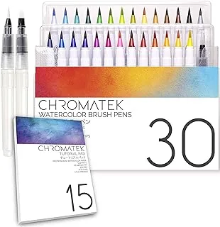 CHROMATEK 30 قلم فرشاة ألوان مائية، 15 صفحة تعليمية وسلسلة فيديو عبر الإنترنت طرف فرشاة حقيقي (27 لونًا و3 أقلام فرشاة مائية للمزج)