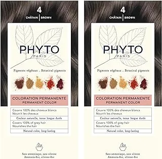 مجموعة ألوان الشعر الدائمة Phyto Phytocolor 4 باللون البني مع أصباغ نباتية، خالية من الأمونيا - عبوة من قطعتين