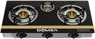 DOMEA Gas Burner With Auto Ignition | 3 Burners Stove With Convenient Pot Holders, Tempered Glass Top, Cast Iron Burner| Perfect For Home, Apartments, Parties | Table Top, Portable