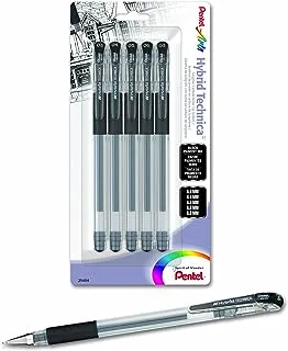 Pentel Arts Hybrid Technica Gel Pen with Assorted Tip Sizes, Black Ink, Pack of 5 (KN10BP5A)