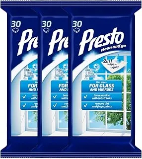 Presto Wet Wipes for Cleaning Glass And Mirrors | Wiper for Home & Office Use | Perfect for Window, Car Glass, Tablets, and Mirror | 30 Wipes (Pack of 3, 90 Wipes)