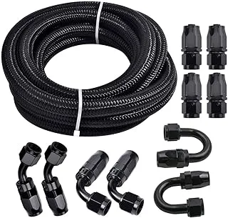 3/8 6AN 20FT, Nylon Stainless Steel Braided Fuel Line Oil/Gas/Fuel Hose End Fitting Hose with 10PCS Swivel Fitting Adapter Kit - Black