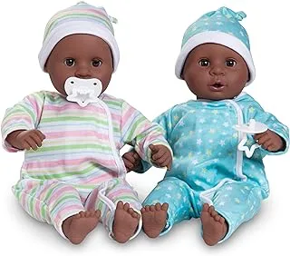 Melissa & Doug Mine to Love Twins Tyler & Taylor 15” Dark Skin-Tone Boy and Girl Baby Dolls with Rompers, Caps, Pacifiers