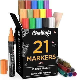 Chalk Markers & Metallic Colors - Pack of 21 neon chalk pens - For Chalkboard, Whiteboard, Blackboard, Window, Labels, Bistro, Glass - Wet Wipe Erasable - 6mm Reversible bullet & chisel Tip