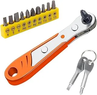 Right Angle Screwdriver Offset 90 Degree Ratcheting Screwdriver Set Hex Driver Ratchet L Shaped Low Profile For Tight Spot Small Space Sideways Shape + Keychain Screwdrivers + 10pc Short Hex Bits