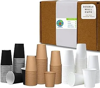 Terraspoon 150 Assorted Double Wall 8 Oz Paper cups [50 White - 50 Black - 50 Brown] With 50 Pcs Individually Wrapped Wooden Stirrers, for Hot and Cold Drinks,Eco-Friendly,100% Recyclable - Box Pack