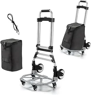 HEXAR® Foldable Hand Truck Portable Height Adjustable Shopping Cart 6 Rubber Wheels 1 Elastic Ropes with 1 Shopping Bag Lightweight Rolling Cart for Luggage Moving Shopping (BLACK)