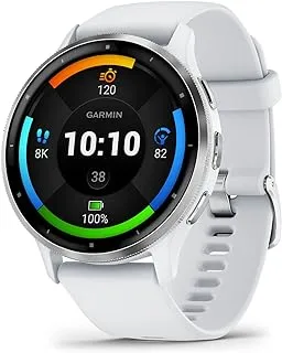 إطار GARMIN VENU 3 من الفولاذ المقاوم للصدأ باللون الفضي مع علبة بيضاء وحزام من السيليكون