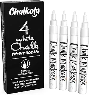 Fine Tip White Chalk Markers - Pack of 4 Chalk Pens - Use on Chalkboard, Windows, Blackboard, Signs, Glass, Bistro - Water based wet wipe erasable pen - 3mm Reversible bullet & chisel Tip