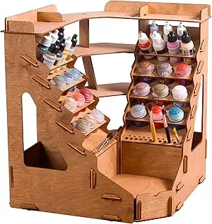 PLYDOLEX Wooden Corner Paint Organizer for 32 Bottles of Paints and 46 Paint Brushes - Paint Rack Organizer with 6 Miniature Stands and Scene for Photo-Shooting - Intended for Miniature Paint Set