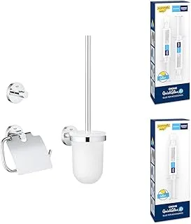 GROHE Start 3-in-1 Toilet Accessories Set with Glue | QuickFix |Screw or Glue | No Drill Option | Toilet Roll Holder with Cover + Toilet Brush + Robe Hook + Glue