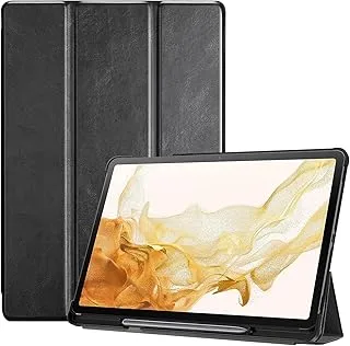 حافظة AMERTEER Galaxy Tab S7 2022/ Tab S7 FE 2021/ Tab S7 Plus 2020 مقاس 11 بوصة، غطاء ذكي من جلد البولي يوريثان بحامل رفيع مع حامل أقلام مقاس 11 بوصة - أسود