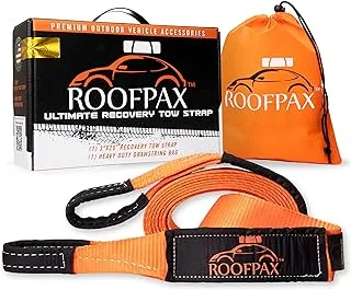 حزام السحب من RoofPax | حبل استعادة الطرق الوعرة مقاس 3 × 20 قدمًا | سعة قوة الكسر 30,180 رطل | حزام ونش للخدمة الشاقة مع حلقات نهاية معززة ثلاثية | مجموعة أدوات الاسترداد الأساسية للتخلص من التعثر