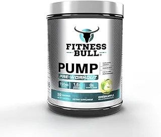 Fitness Bull Pump Pre Workout I Explosive Energy Blend I Support Endurance, Focus & Performance I 150 Grams Caffeine I Zero Sugar & Calories I Green Apple Flavour I 225 Grams (30 Servings)