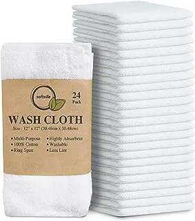 Softolle 100% Cotton Ring Spun Wash Cloths – Bulk Pack of Washcloths – 12x12 Inches – Wash Cloth for Face, Highly Absorbent, Soft and Face Towels (White, 24 Pack)