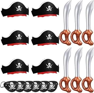 Legigo 18 Pcs Funny Pirate Party Set- Pirate Kids' Party Cosplay Supplies Include 6 Felt Pirate Hats, 6 Pirate Eye Patches, 6 Inflatable Swords for Caribbean Fancy Dress Cosplay Party Stage Prop