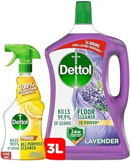 Dettol Power Floor Cleaner Liquid 3L Lavender (Kills 99.9% of Germs) + All Purpose Cleaner Liquid Trigger Spray 500Ml Lemon Squeeze (Kills 99.9% of Germs)