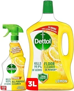 Dettol Power Floor Cleaner Liquid 3L Lemon (Kills 99.9% of Germs) + All Purpose Cleaner Liquid Trigger Spray 500Ml Lemon Squeeze (Kills 99.9% of Germs)