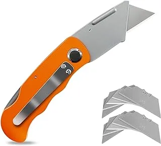 Folding Utility Knife with Fixed Blade Includes 10 Extra SK5 Blades Lock-Back Design Pocket Clip Quick Change Blade Box Cutter Knife, Carpet Knife, Drywall Cutter