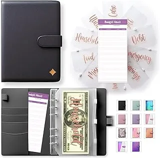 SOUL MAMA - A6 Black Budget Binder with Cash Envelopes, PU Leather Money Organizer For Cash, 10 Gold Vinyl Printed Stickers Money Envelopes for Cash Budgeting, 6 Rings Mini Pocket Money Saving Planner