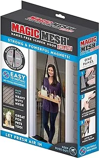 Magic Mesh Deluxe - أسود - باب شاشة مغناطيسي بدون استخدام اليدين، ستارة شبكية تمنع الحشرات من الخروج، خطاف وحلقة إطار، بدون استخدام اليدين، صديق للحيوانات الأليفة والأطفال - يناسب الأبواب حتى 39 × 83 بوصة