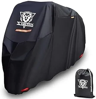 XYZCTEM Motorcycle Cover -Waterproof Outdoor Storage Bag,Made of Heavy Duty Material Fits up to 116 inch, Compatible with Harley Davison and All motors(Black& Lockholes& Professional Windproof Strap)