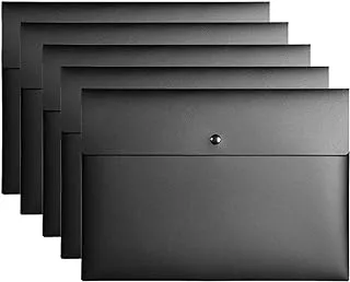 VANRA Poly File Folder Pockets File Jacket Plastic Envelope Flat Document Letter Organizer with Snap Button Closure A4 Letter Size (Pack of 5, Black)