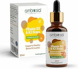 Ambrosial Vitamin D3 K2 Liquid Drops for Adults & Kids | Mango Flavor High Strength Vitamin D Liquid 500 IU & Vitamin K2 50 mcg PER DROP (Pack of 1-30 ml)