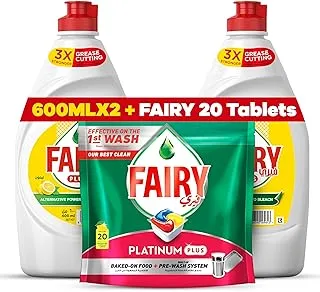 FAIRY Ultra Lemon Dish Wash 2X600Ml+Fairy Platinum Plus Automatic Dishwasher Tablets, Lemon Scent, 20 Capsules