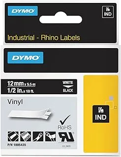 شريط ملصقات صناعي من الفينيل الدائم من Dymo Rhino، طباعة سوداء/بيضاء مقاس 1/2 بوصة