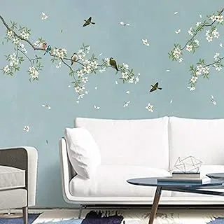 BPA® Birds on Tree Branch Wall Decals White Blossom Flower Wall Stickers Bedroom Living Room TV Wall Art Home Decor