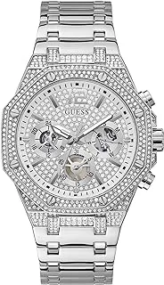 GUESS Men's Dress Octagonal Crystal Multifunction 44mm Watch, Silver-Tone