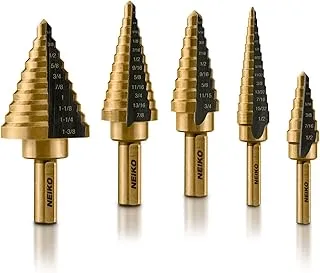 NEIKO 10197A Step Drill Bit Set, 5 Pc Step Bit for Metal, 50 SAE Sizes Total, 1/8” – 1-3/8”, SAE Titanium High Speed Steel Unibit, Stepper Cone Drill Bit, Two Flute Step Down Bits, Step Up Drill Bits