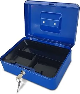 Maxi Medium Cash Box (10 Inch 250X180X90mm) Steel Register with Tray and Lock Durable Portable Money Box Safe for Bills Jewelry Receipts Coins Blue