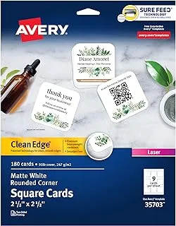 بطاقات مربعة قابلة للطباعة من Avery Clean Edge مع تقنية Sure Feed، زوايا مستديرة، 2.5 بوصة × 2.5 بوصة، بيضاء، 180 بطاقة فارغة لطابعات الليزر (35703)