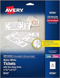 تذاكر Avery قابلة للطباعة مع بذرة قابلة للتمزيق باللون الأبيض، عرض 1 3/4 بوصة × طول 5 1/2 بوصة - ليزر، نفث الحبر - 20/ورقة - 5/كرتون (16154CT)