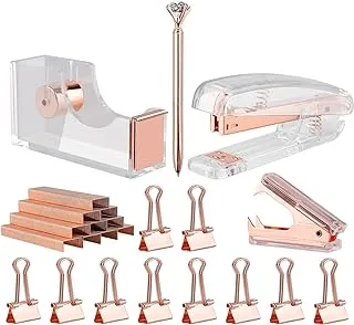 KIDMEN Rosegold Desk Accessory Kit,Set of Stapler, Staple Remover,1000pcs Staples,Tape Dispenser,Big Diamond Ballpoint Pen and 10pcs Binder Clips