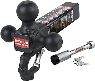 REYSUN Trailer Hitch 864011L Tri Ball Mount with Hook, Tactical Tow Hook, Fits 2 inch Hitch Receiver, Secure with Self-Lock Latch, Matt Black, 5/8 Inch Hitch Lock Included…