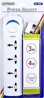 Unipower EX-1287 Power Socket with 4 Way Outlets and Extension Cord, 3 Meter Length, White