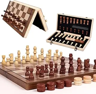 AMERTEER Wooden Chess Set | 15.4 Inches Magnetic Chess Set | Travel Chess Set for Adults and Kids Portable Folding Board Game Set with Handmade Felted Chess Pieces - Felt Interior - Piece Holders