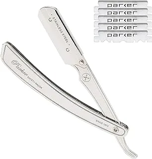 Parker SRX Heavy Duty Professional 100% Stainless Steel Straight Edge Barber Razor and 5 Shark Super Stainless Blades