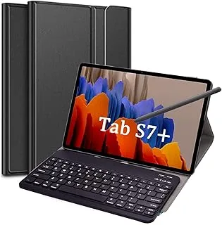 حافظة لوحة مفاتيح AWH لهاتف Samsung GalaxyS7+/Tab S7 Plus مقاس 12.4 بوصة 2020، لوحة مفاتيح بلوتوث قابلة للفصل مغناطيسيًا مع غطاء حافظة لهاتف Samsung Galaxy Tab S7 Plus 2020 (SM-T970/T975/T976)، أسود