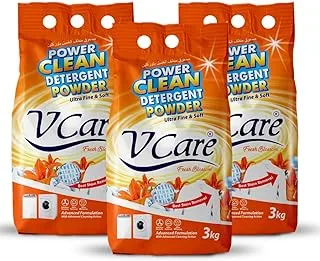 VCare Power Clean Laundry Detergent Powder 3kg Pack of 3- Effortless Stain Removal - Removes Odour and Provides Advanced Cleaning Formula with Fresh Blossom Scent- 9kg