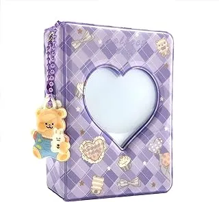 3 Inch Mini Photo Album, Heart Hollow Card Binder Photo Album Kpop Photo Card Holder with Pendant 40 Pockets (purple plaid)