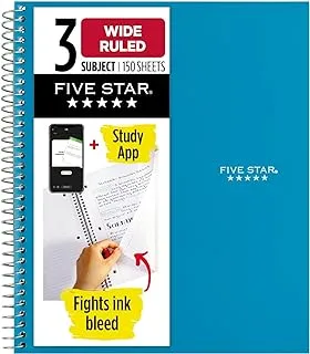 Five Star Spiral Notebook, 3 Subject, Wide Ruled Paper, 150 Sheets, 10-1/2