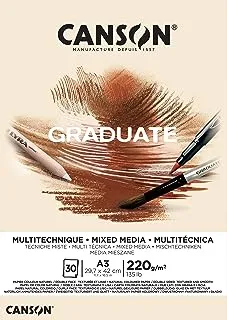 CANSON Graduate Mixed Media 200gsm A3 Paper, Double Sided: Grained And Smooth, Pad Glued Short Side, 30 Natural Sheets, Ideal for Student Artists