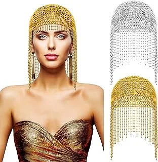 Sasylvia 2 Pcs Beaded Cap Headpiece Cleopatra Belly Dance Cap Mesh Cleopatra Headpiece Gold and Silver for Halloween Party Gift, Silver, Gold, One size