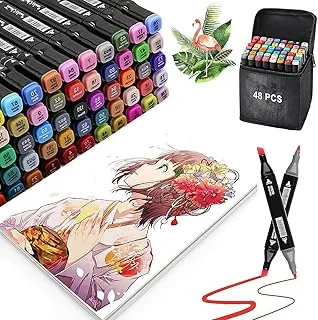 DIVUE 48 Colors Art Marker sketch pen Dual Tip Artist Art Marker Vibrant Colors Set for Kids Adult Coloring Sketching Drawing Painting, Twin Head Permanent Sketch Markers Pen with Carry Case (48)